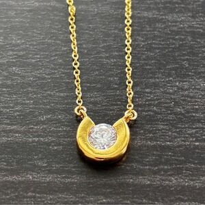 Gold Tone Crescent Pendant Necklace With Clear Crystal Accent Adjustable Chain